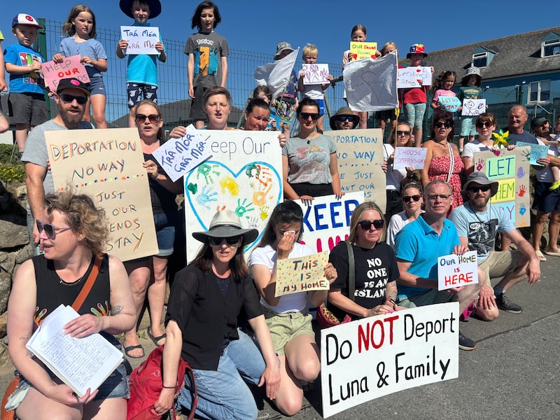 Parents and students from Tramore Educate Together National School on calling on Saturday for an Albanian family not to be deported. Photograph: Aoife O’Driscoll
