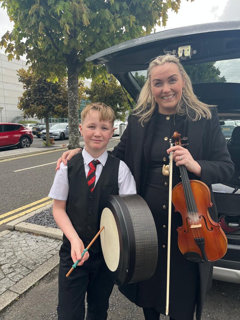 Bodhrán player Dominic McClean and his mother, Bronagh McClean. Photograph: Seanín Graham