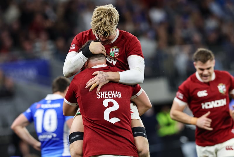 Henry Pollock and Dan Sheehan celebrate for the Lions against Western Force. Photograph: Billy Sitckland/Inpho