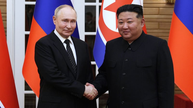 Russian president Vladimir Putin shakes hands with Kim Jong-un in Pyongyang during a visit in 2024. Photograph: Gavriil Grigorov/AFP/Getty Images