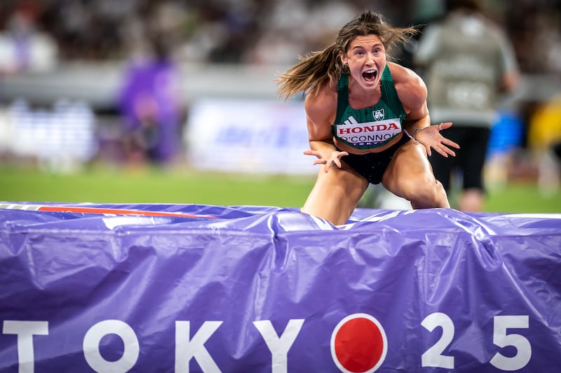 Kate O’Connor celebrates jumping a lifetime best height at the World Athletics Championships in Tokyo in September. Photograph: Morgan Treacy/INPHO