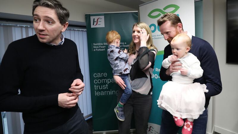 Pictured at the announcement by the HSE of organ donation and transplant figures for 2019 were Minister for Health Simon Harris with the Quinn family who donated their daughter Matilda’s organs when she died aged 8 months. Her parents Brendan and Rebecca attend the announcement with their children Leo (2) and and Eve (11 months).   Photograph: Nick Bradshaw/The Irish Times