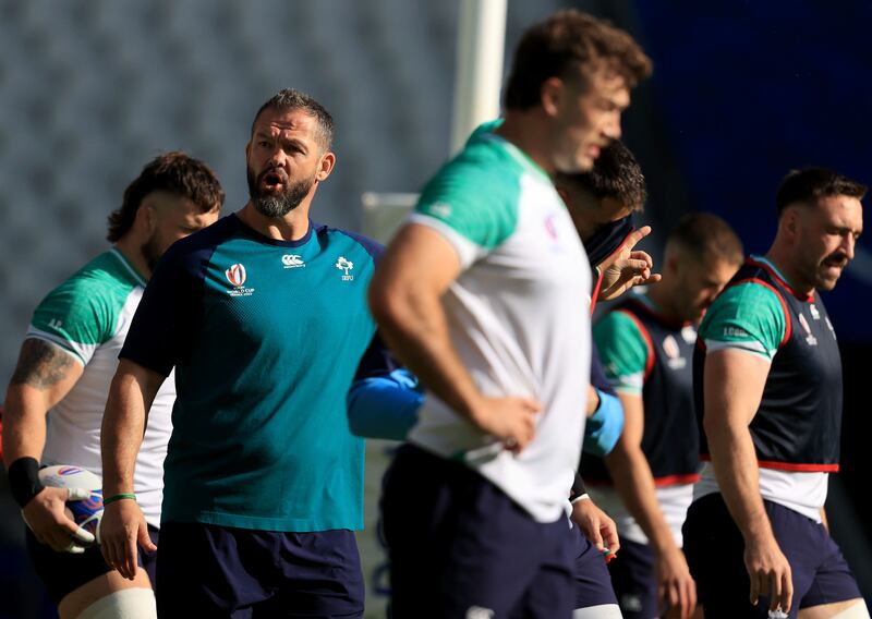 Coach Andy Farrell and members of the squad during Ireland's captain's run at Stade de France, Paris. Photograph: Dan Sheridan/Inpho 