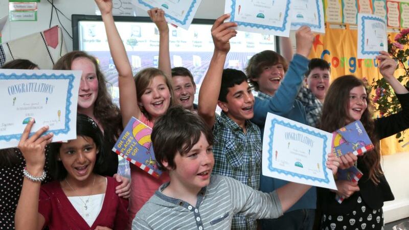 Pupils celebrate their graduation at Kilcolgan Educate Together National School., Co Galway. Photograph: Joe O’Shaughnessy.
