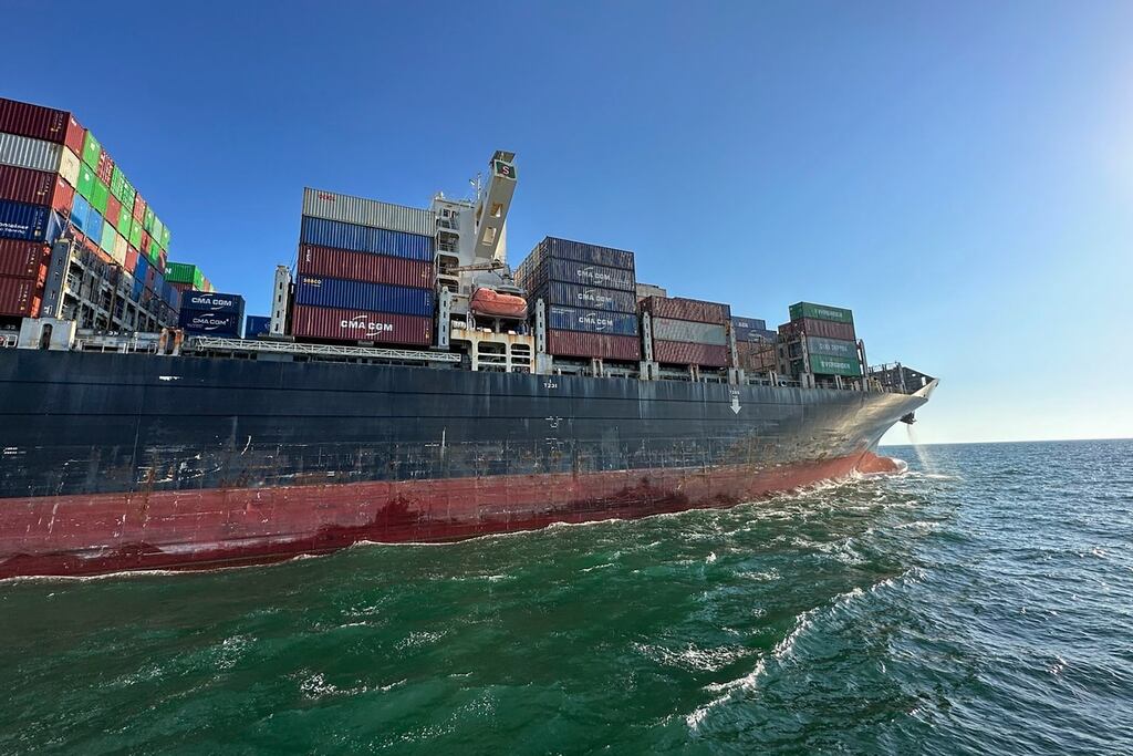 The container ship Joseph Schulte leaves Odesa for the first time since Russia reimposed a blockade on grain exports from the Black Sea city. Photograph: AP