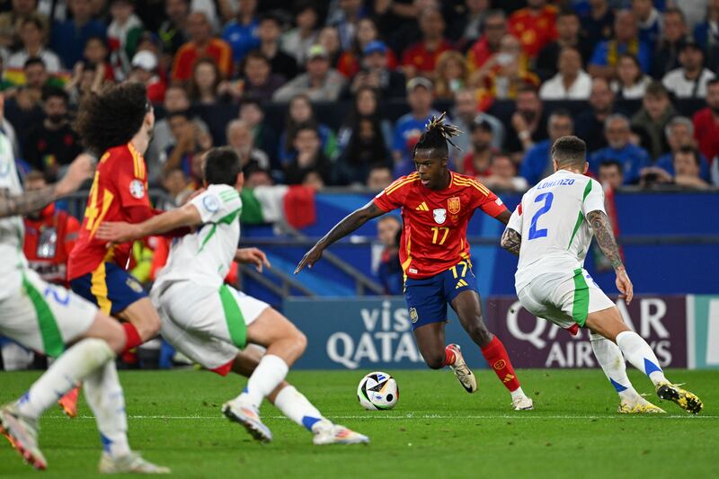 Spain's Nico Williams torments Italian defenders in the Group B match in Gelsenkirchen on Thurday, which Spain won 1-0. Photograph: Patrician De Melo Moreira/Getty Images