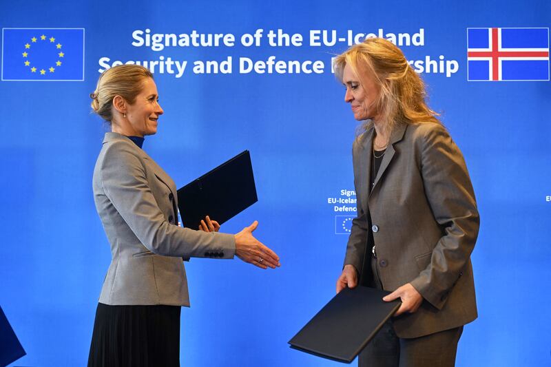 EU vice-president for foreign affairs Kaja Kallas and Icelandic foreign affairs minister Thorgerdur Katrin Gunnarsdottir during a signing ceremony for the EU-Iceland security and defence partnership in Brussels. Photograph: Nicolas Tucat/AFP/Getty Images