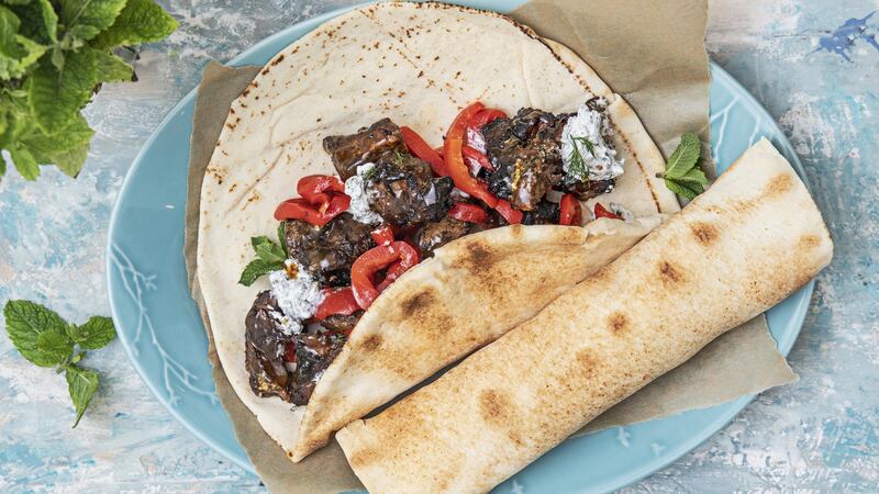 Souvlaki of pulled lamb shoulder with roasted peppers. Photograph: Harry Weir