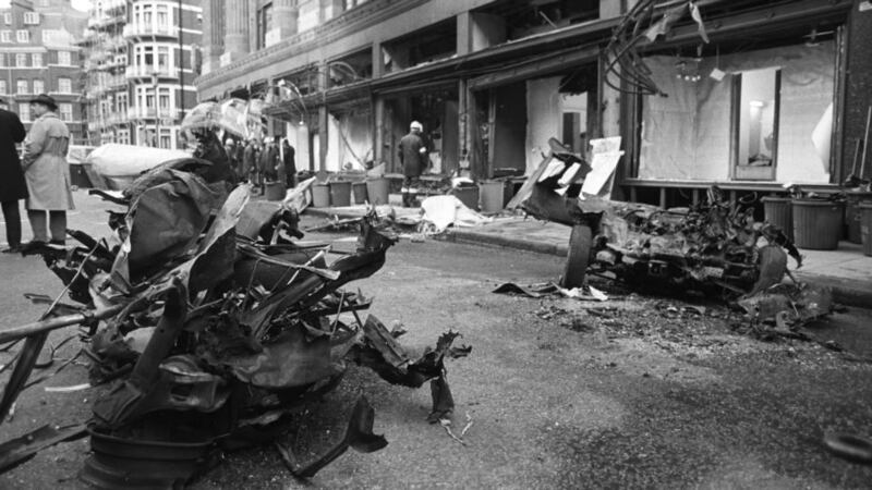 The aftermath of the IRA car bombing of Knightsbridge department store Harrods. Six people died in the explosion in Londo on December 17th, 1983.