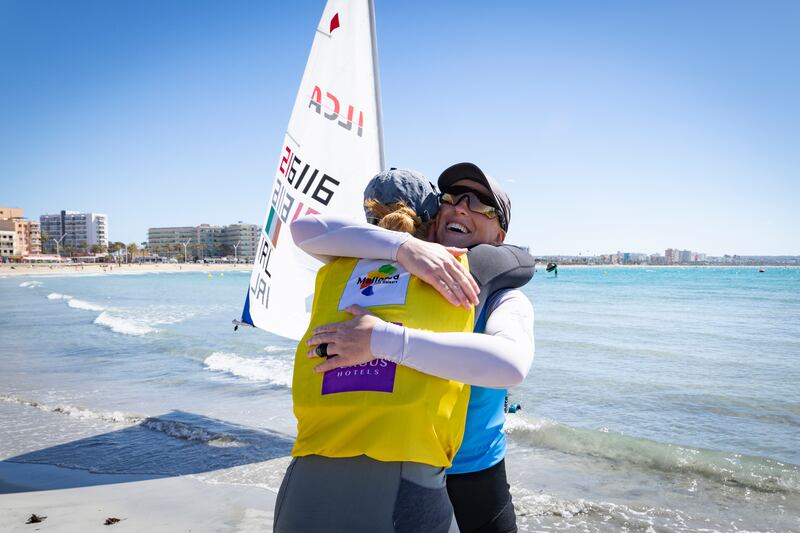 English sailor Daisy Collingridge embraces Ireeland's Eve McMahon after the final race in Mallorca. Photograph: David Branigan/Oceansport