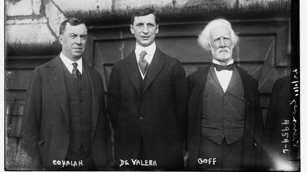 Justice Daniel Cohalan, Éamon de Valera and Justice John Goff on the roof of the Waldorf Astoria Hotel shortly after de Valera’s arrival in New York in June 1919. Photograph: Library of Congress