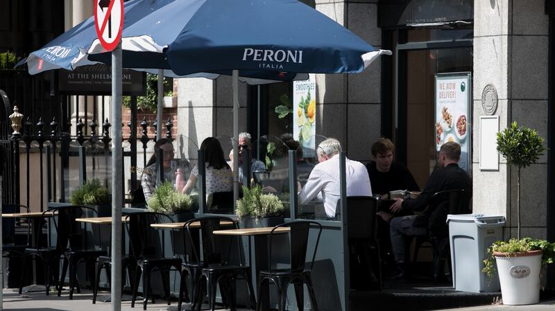 Outdoor dining on Merrion Row in Dublin city centre between Covid lockdowns. Photograph: Gareth Chaney/Collins