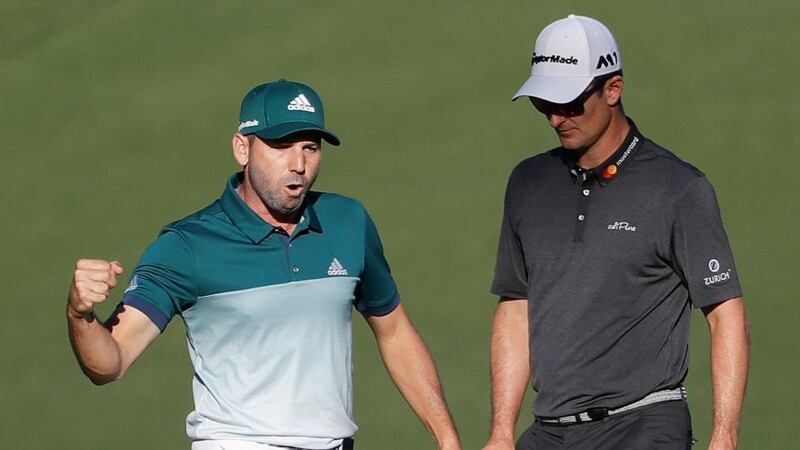Garcia reacts after holing his eagle putt on the 15th. Photo: David Goldman/AP