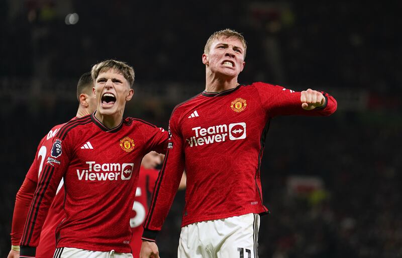 Manchester United's Rasmus Hojlund celebrates scoring against Aston Villa. Photograph: Martin Rickett/PA

