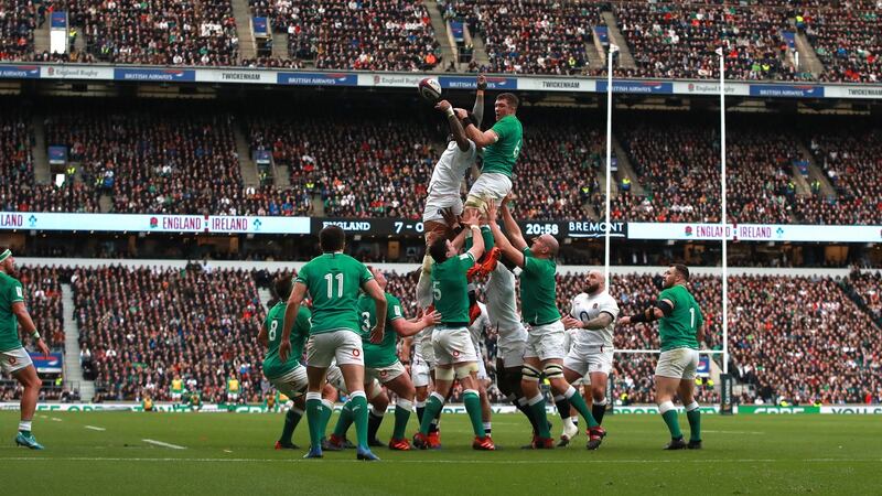 CJ Stander and  Maro Itoje  compete at the lineout  during the 2020 Six Nations match at Twickenhan. Photograph: David Rogers/RFU Collection via Getty Images