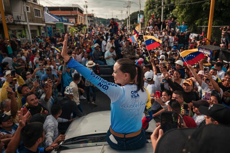 Maria Corina Machado greets supporters during a rally in Guanare on July 17th. Photograph: Adriana Loureiro Fernandez/New York Times
                      