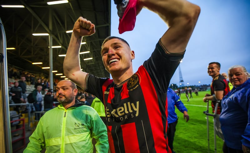 Bohemians’ Ross Tierney celebrates after his team's 2-0 win over Shamrock Rovers. Photograph: Ryan Byrne/Inpho