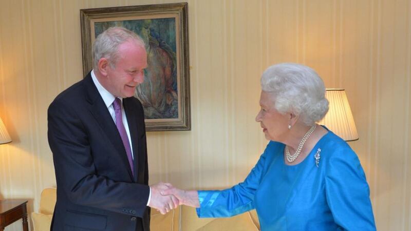 Queen Elizabeth meets Deputy First Minister Martin McGuinness in Hillsborough Castle in 2016. Photograph: Aaron McCracken/Harrison Photography via Getty Images.