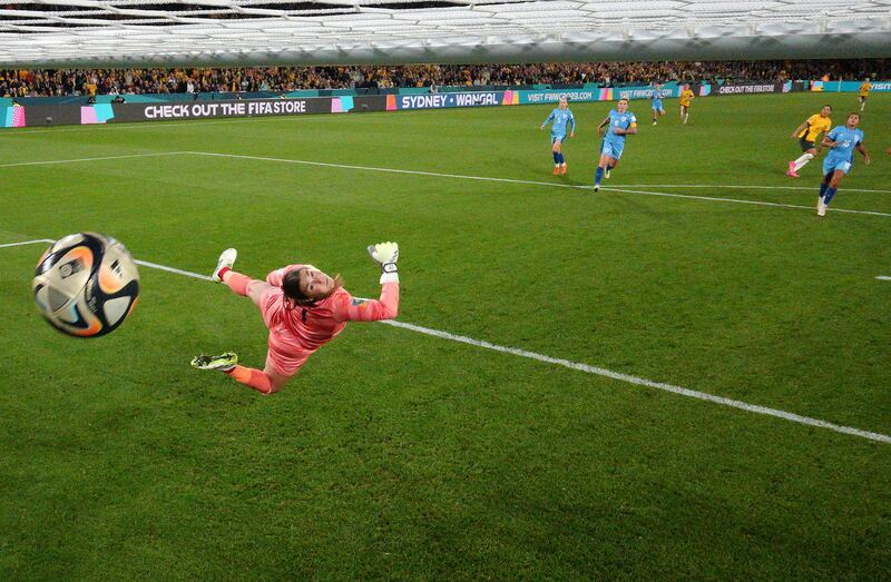 Mary Earps of England dives in vain as Australia's Sam Kerr  scores. Photograph: Cameron Spencer/Getty  