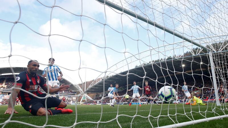 Bournemouth’s Callum Wilson scores their first goal. Photogaph:   Craig Brough/Reuters