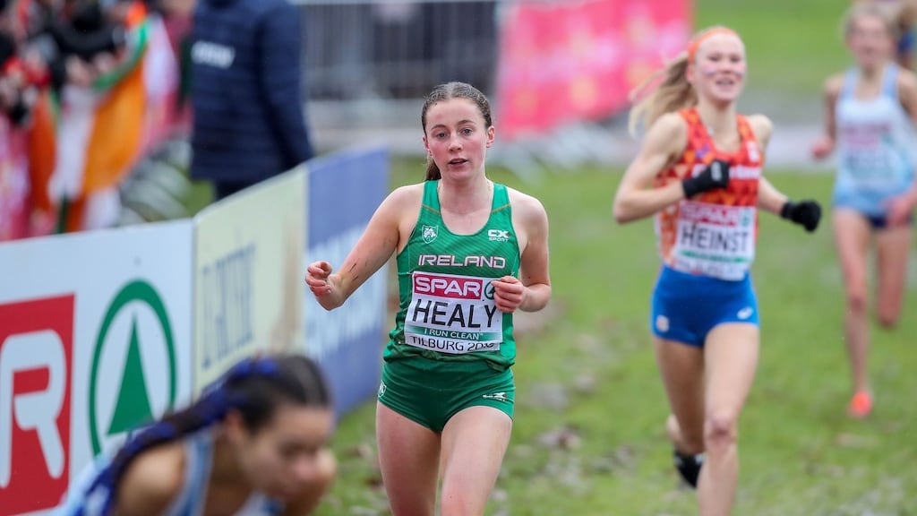 Sarah Healy fell during the Women’s Under-20 race at the European Cross Country Championships. Photograph: Bryan Keane/Inpho