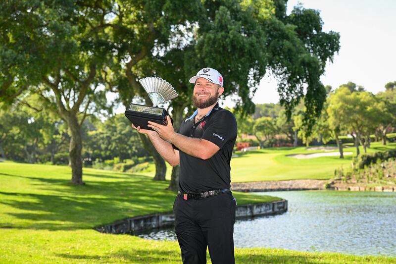 Tyrrell Hatton with the trophy following his victory at LIV Golf Andalucia in Cadiz, Spain, last Sunday. Photograph: Octavio Passos/Getty Images
