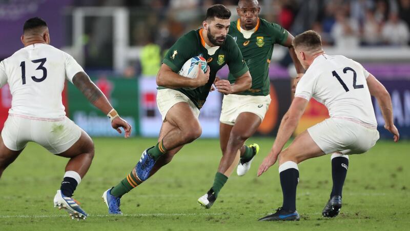 South Africa’s Damian de Allende in action against England in the Rugby World Cup final  2019 in Japan. Photograph: Billy Stickland/Inpho