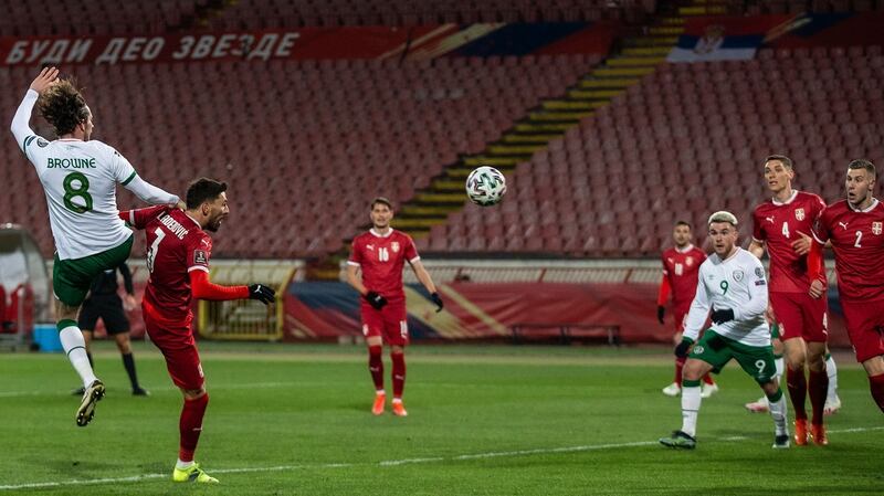 Ireland’s Alan Browne heads home the opening goal in  the  World Cup qualifier against Serbia at the Rajko Mitic Stadium in  Belgrade. Photograph: Nikola Krstic/Inpho