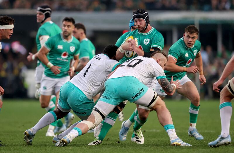 Ireland's Caelan Doris leads both sides for metres carried at half-time. Photograph: Dan Sheridan/Inpho