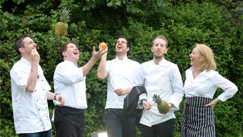Michelin Star chefs Peter (centre) and Jonray Sanchez-Iglesias from Casamia Restaurant in Bristol, joined by Irish chefs Clodagh McKenna, Ryan Stringer and Edward Hayden. Photograph: Dara Mac Dónaill/The Irish Times