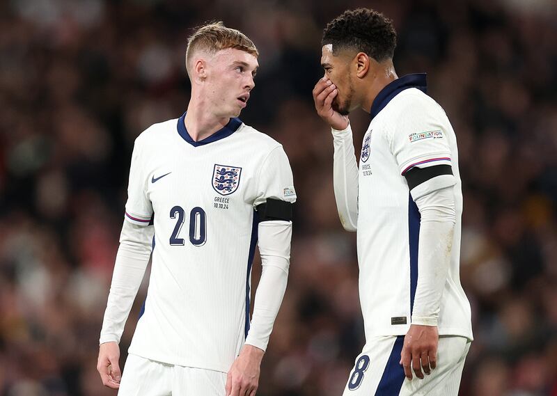 Jude Bellingham and Cole Palmer of England during the match against Greece. Photograph: Julian Finney/Getty Images
