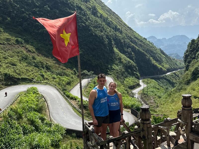 Stacey Flood and her partner, Ross Corrigan, at the Ha Giang loop in Vietnam