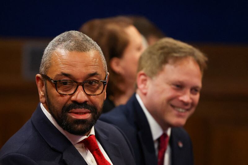 Britain's home secretary James Cleverly and defence secretary Grant Shapps during prime minister Rishi Sunak's press conference at  Downing Street. Photograph: Toby Melville/AFP via Getty Images