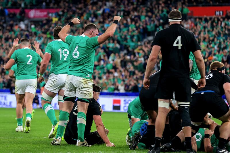 Peter O'Mahony celebrates after Ireland's penalty try against New Zealand in the Rugby World Cup quarter-final. Photograph: Dan Sheridan/Inpho