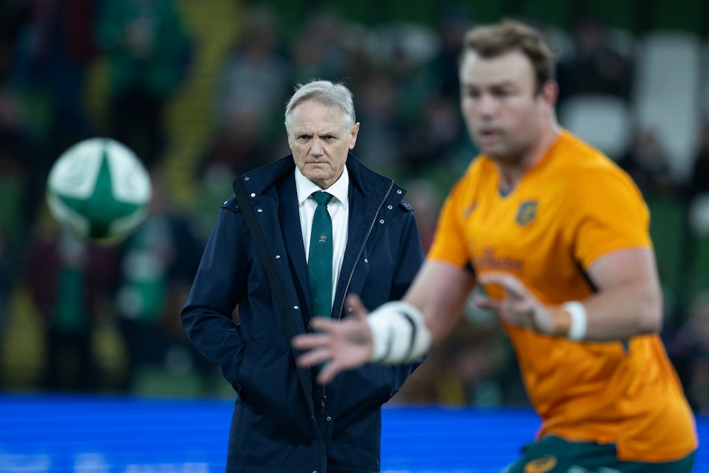 Joe Schmidt, head coach of Australia, during team warm-up before the Ireland V Australia rugby union match at Aviva Stadium on November 15, 2025, in Dublin, Ireland. Photograph: Tim Clayton/Corbis via Getty Images