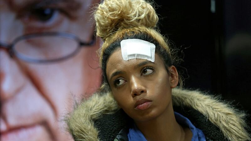 Gabriella Engels, who claims to have been assaulted by Grace Mugabe, looks on during a news conference last week. Photograph: Siphiwe Sibeko/Reuters