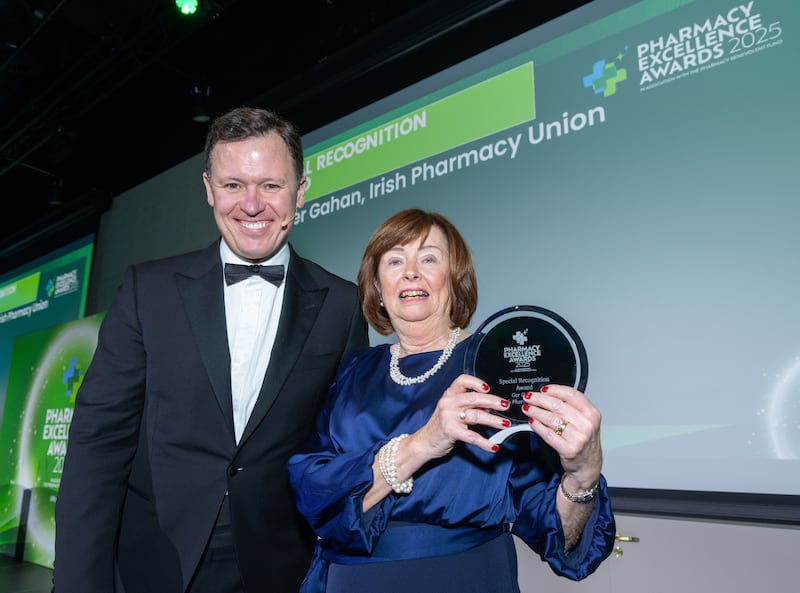 Anton Savage, MC of the awards and Ger Gahan, IPU medicines information pharmacist. Photograph: Paul Sherwood
