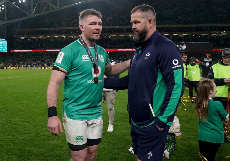 Ireland's Peter O'Mahony (left) speaks with head coach Andy Farrell. Photograph: Brian Lawless/PA Wire