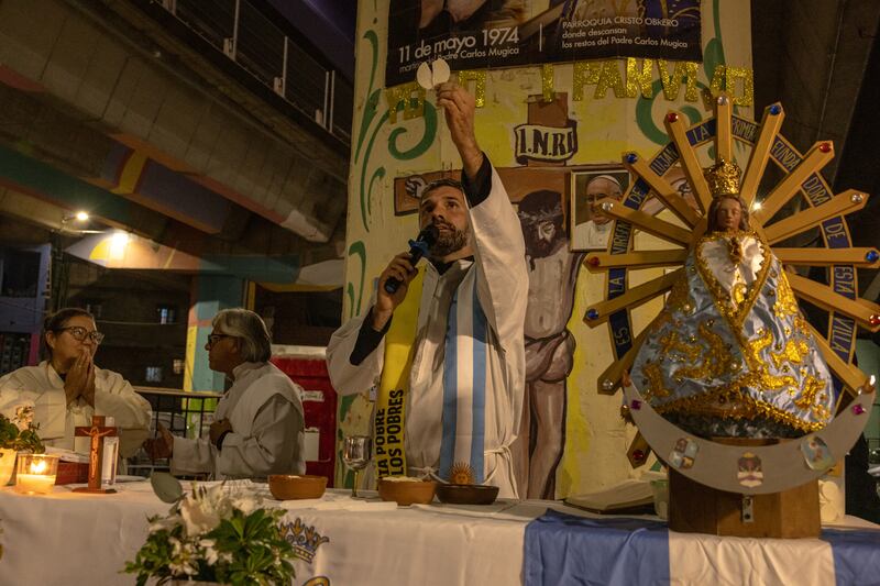 Fr Ignacio  Bagattini holds an outdoor Mass to mourn Pope Francis in Buenos Aires, Argentina, on Monday. Photograph: Sarah Pabst/New York Times 