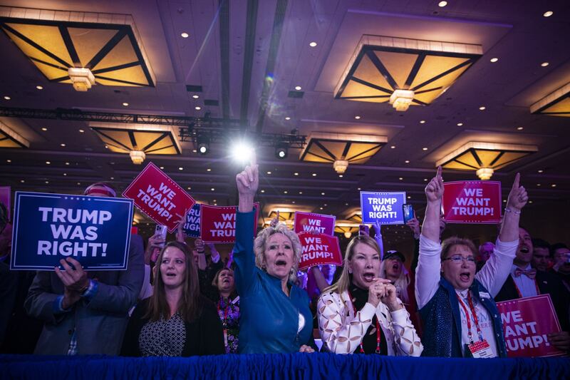 Attendees cheer as former US president Donald Trump speaks during the Conservative Political Action Conference (CPAC) in National Harbor, Maryland, US, on Saturday. Photograph: Al Drago/Bloomberg
