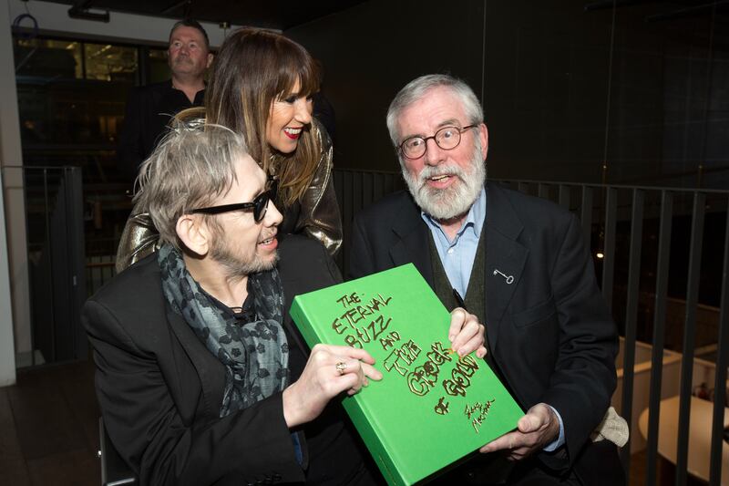 Shane MacGowan, his wife Victoria Mary Clarke and Gerry Adams at the launch of The Eternal Buzz and the Crock of Gold, a limited edition coffee table book featuring the artworks of MacGowan, 
at The Park Cafe in Ballsbridge. Photograph: Tony Gavin