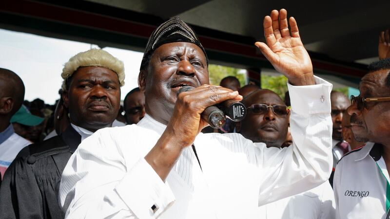 The leader of the Kenyan opposition National Super Alliance (NASA) Raila Odinga delivers a speech after his mock inauguration ceremony  in Nairobi on Tuesday. Photograph: Dai Kurokawa/EPA