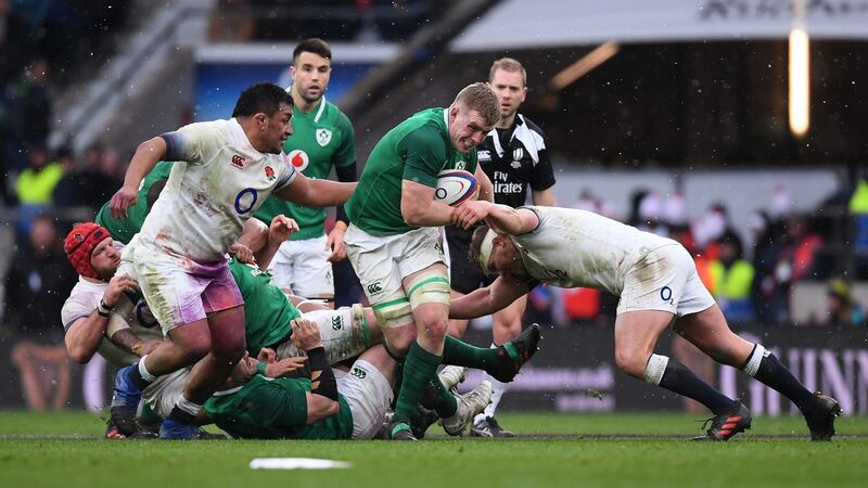 Ireland’s  Dan Leavy breaks with the ball during the 2018 Six Nations match against Ireland at Twickenham. Photograph: Laurence Griffiths/Getty Images