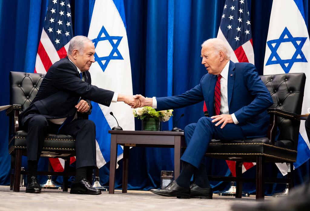 Israeli prime minister Binyamin Netanyahu and US president Joe Biden at a hotel near the United Nations in New York on Wednesday. Photograph: Doug Mills/The New York Times