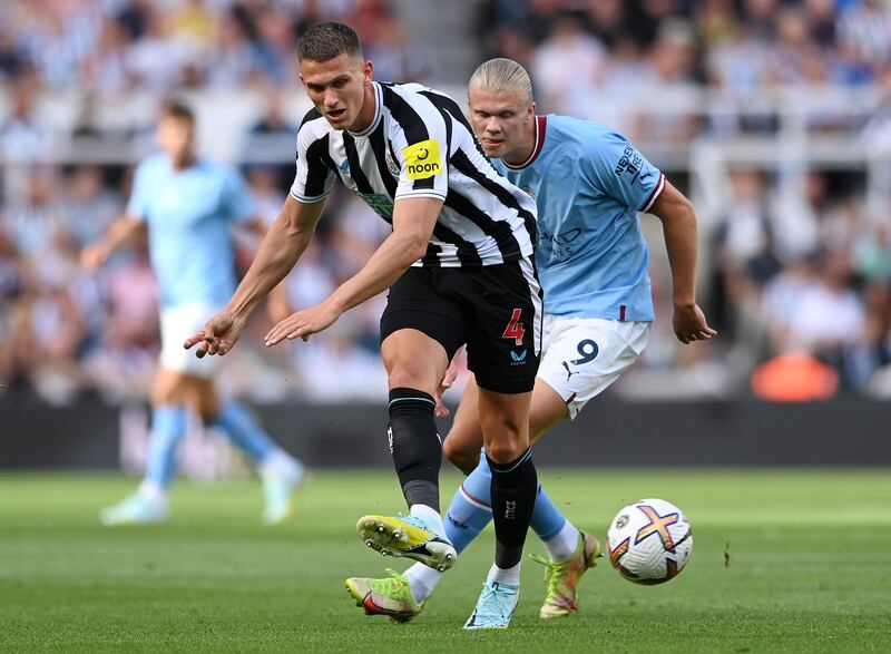 Sven Botman and Erling Haaland during Newcastle United and Manchester City's draw at St James Park. Photograph: Stu Forster/Getty Images