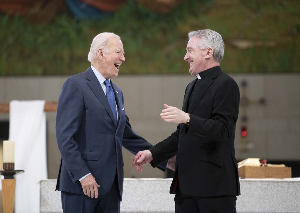 US president Joe Biden visits Knock Shrine and Basilica in Mayo with Fr Richard Gibbons on the last day of his visit to Ireland. Photograph: Andrew Downes/Julien Behal Photography/PA
