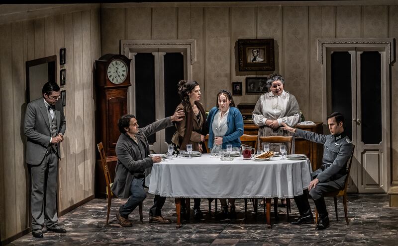 Conor Prendiville (Pasquale Sciortino), Leonardo Caimi (Michele), Na'ama Goldman (Cesira), Jade Phoenix (Rosetta), Erin Fflur (Maria Sciortino) and Alexander Kiechle (Fedor Von Bock) in La Ciociara. Photograph: Clive Barda/ArenaPAL