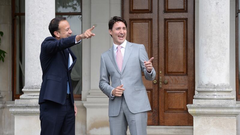 Justin Trudeau, prime minister of Canada is welcomed by An Taoiseach Leo Varadkar at Farmleigh House, as part of his Official Visit to Ireland. Photograph: Dara Mac Dónaill / The Irish Times