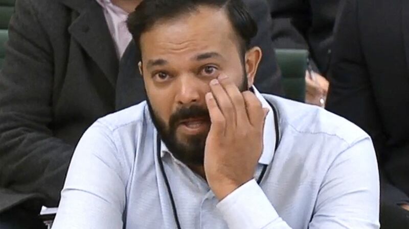Former Yorkshire cricketer Azeem Rafiq fights back tears while testifying in front of a Digital, Culture, Media and Sport  Committee in London. Photograph: Videograb courtesy of RU/AFP via Getty Images