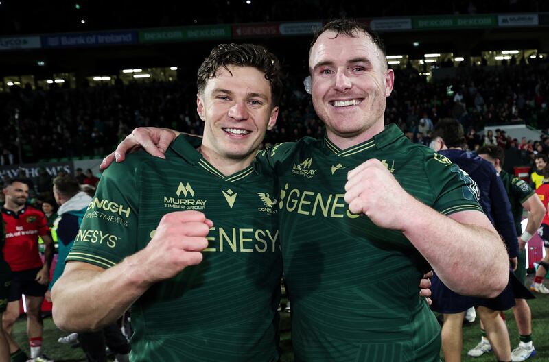 Connacht’s Seán Naughton and Peter Dooley celebrate victory over Munster at the weekend.
Photograph: James Crombie/Inpho